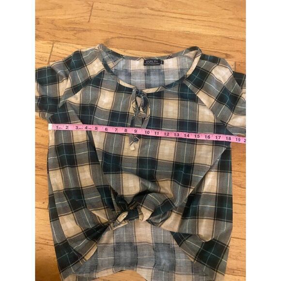 Guilty women's green casual Plaid Tie-Front Top With 3/4 Sleeves size Large - Picture 8 of 9